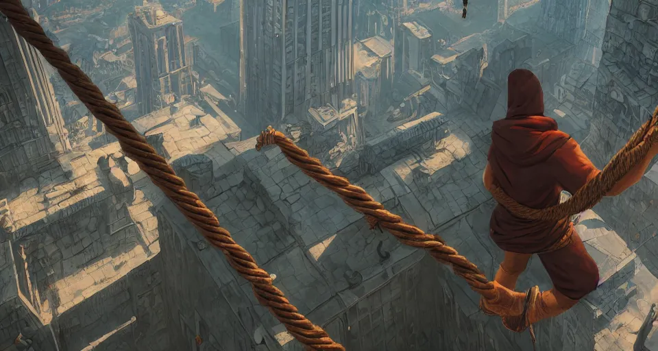 Image similar to an epic fantasy comic book style landscape painting of a hooded thief climbing a tall building with a city using a rope, unreal 5, daz, hyperrealistic, octane render, dynamic lighting