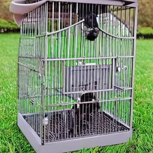 Prompt: a bird cage with a pug parrot hybrid