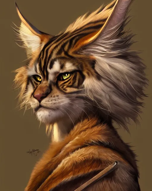 Image similar to portrait of a very cute fursona maine coon barbarian, muscular, wild, d & d, fantasy, intricate, full - length, cinematic lighting, highly detailed, digital painting, artstation, concept art, smooth, sharp focus, illustration, art by hajime sorayama