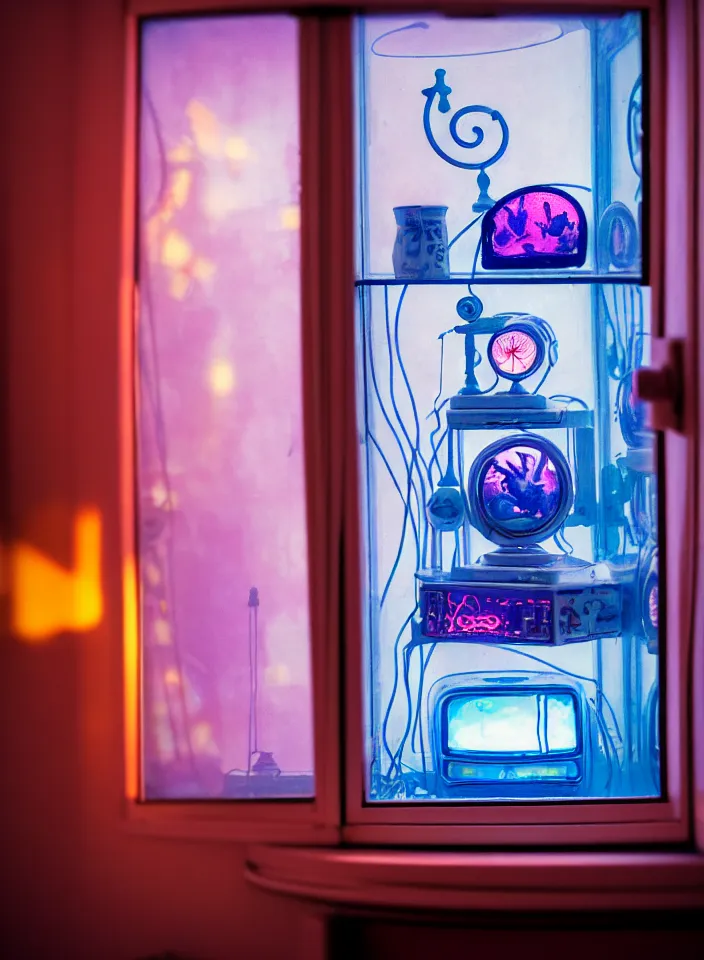 Image similar to telephoto 7 0 mm f / 2. 8 iso 2 0 0 photograph depicting the feeling of chrysalism in a cosy safe cluttered french sci - fi ( ( art nouveau ) ) cyberpunk apartment in a pastel dreamstate art cinema style. ( cat ) ( ( fish tank ) ), ambient light.