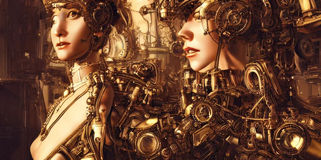 Prompt: portrait of a Mechanical girl, ornamental, photorealism, wide angle, cinematic atmosphere, elaborate, highly detailed, ornate, shiny, dramatic lighting, octane render, oil painting by Gustave Baumann,-H 1024