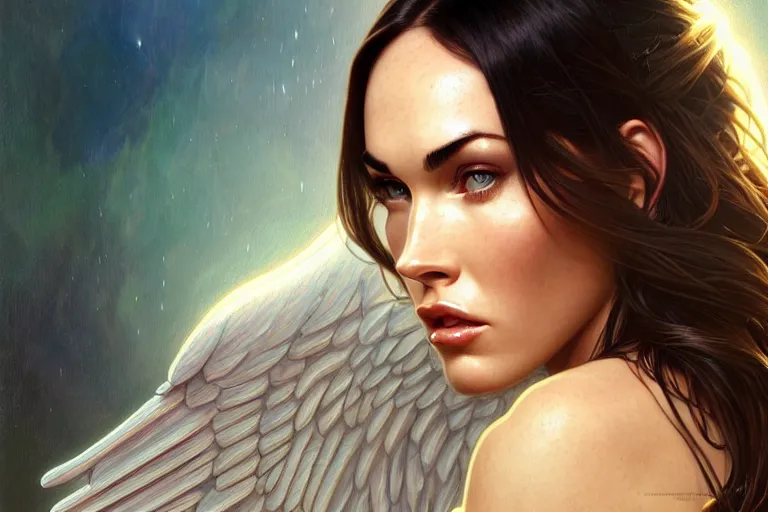 Image similar to portrait of megan fox as an angel, wings, intricate, headshot, highly detailed, digital painting, artstation, concept art, sharp focus, cinematic lighting, illustration, art by artgerm and greg rutkowski, alphonse mucha, cgsociety