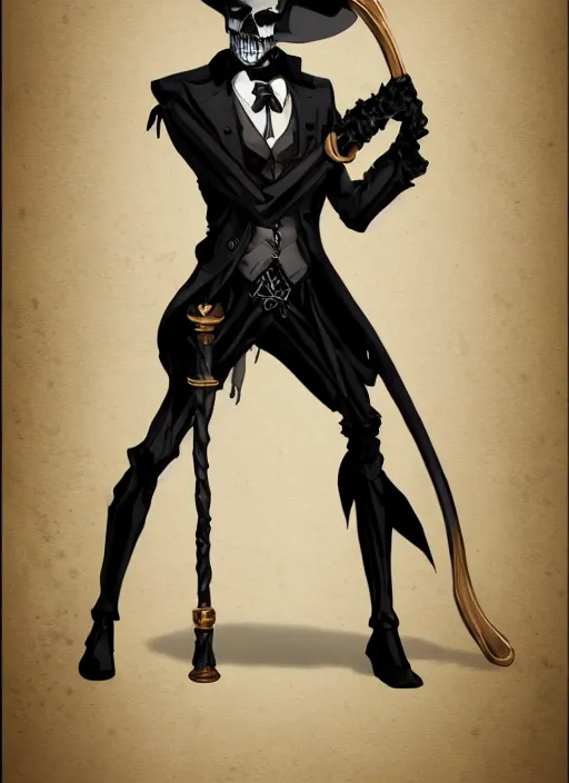 Image similar to DND character art, skeletal male figure, wearing a deep black suit!!! and tie and top hat, holding a gold! cane!, blue flames!!