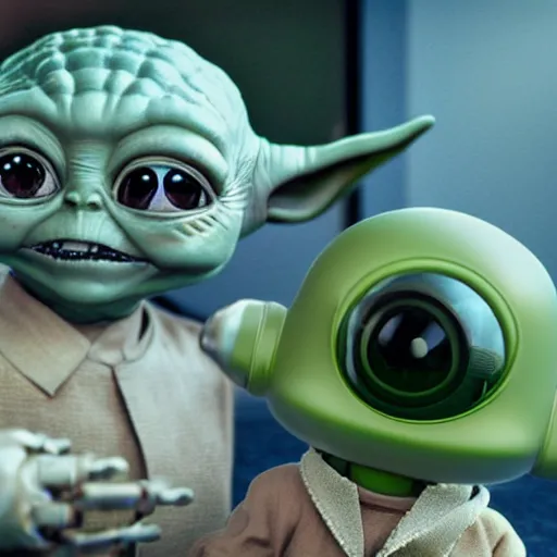 Image similar to real vintage photo, an alien baby meeting a little robot and baby yoda, detailed, hyper realistic, 4 k octan render, unreal 5