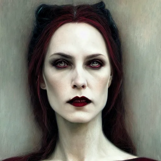 Image similar to portrait of a lady vampire, 35mm, victorian, depth of field, ominous, sharp, highly detailed, photorealistic, realistic, unreal 5, high definition, 8k, deviantart, donato giancola, irwin penn