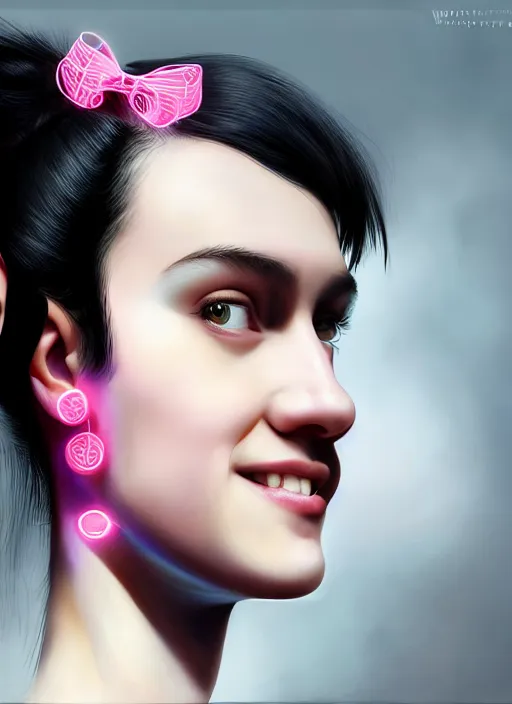 Image similar to portrait of teenage girl, realistic, black hair, bangs, half updo hairstyle, pointy nose, skinny, smile, ugly, defined jawline, big chin, pink hair bow, earrings, intricate, elegant, glowing lights, highly detailed, digital painting, artstation, sharp focus, illustration, art by wlop, mars ravelo and greg rutkowski