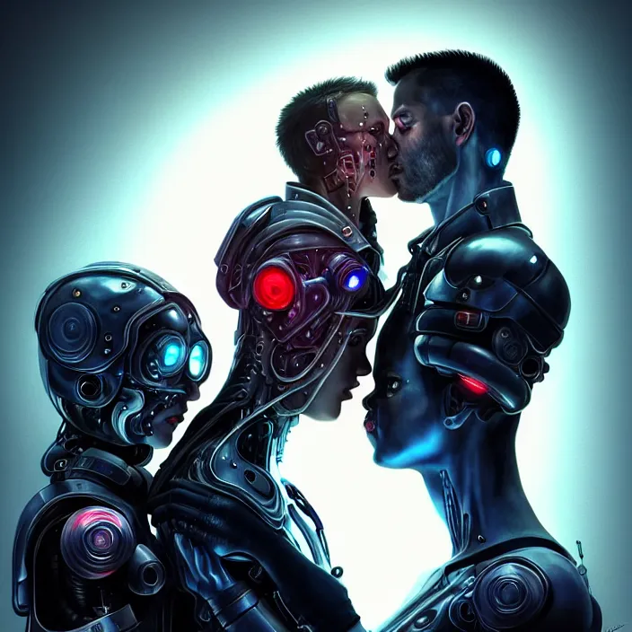 Image similar to ultra realistic medium shot of couple cyborgs male and female kiss, lovers, cyberpunk, sci - fi, fantasy, kodak, colour led, soft light, volumetric lighting, night, intricate, istock, highly detailed, digital painting, concept art, smooth, sharp focus, illustration, art by artgerm and greg rutkowski and alphonse mucha