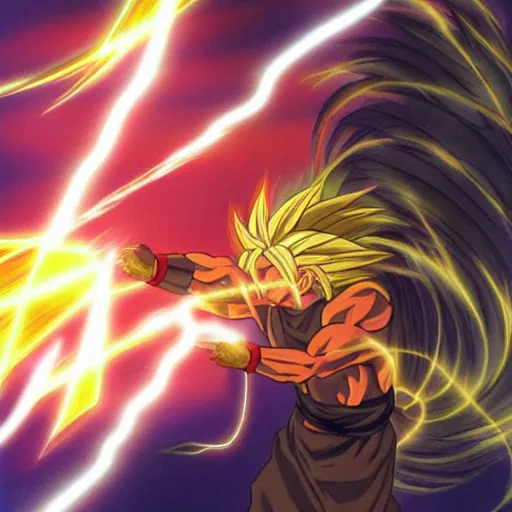 Image similar to jesus Christ as super saiyan, lightning in the sky, glowing, highly detailed, anime