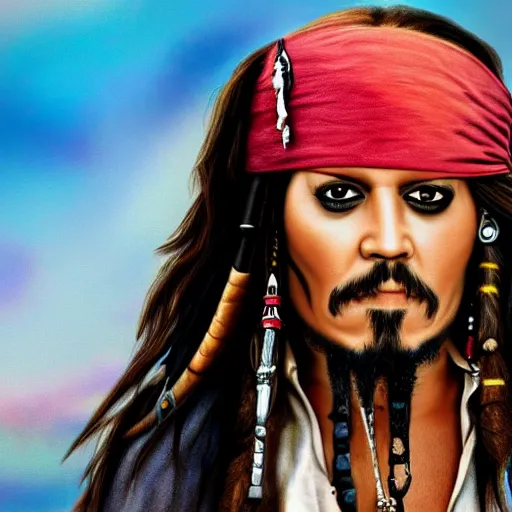 Image similar to jack sparrow with a parrot on the shoulder, portrait, 8k resolution