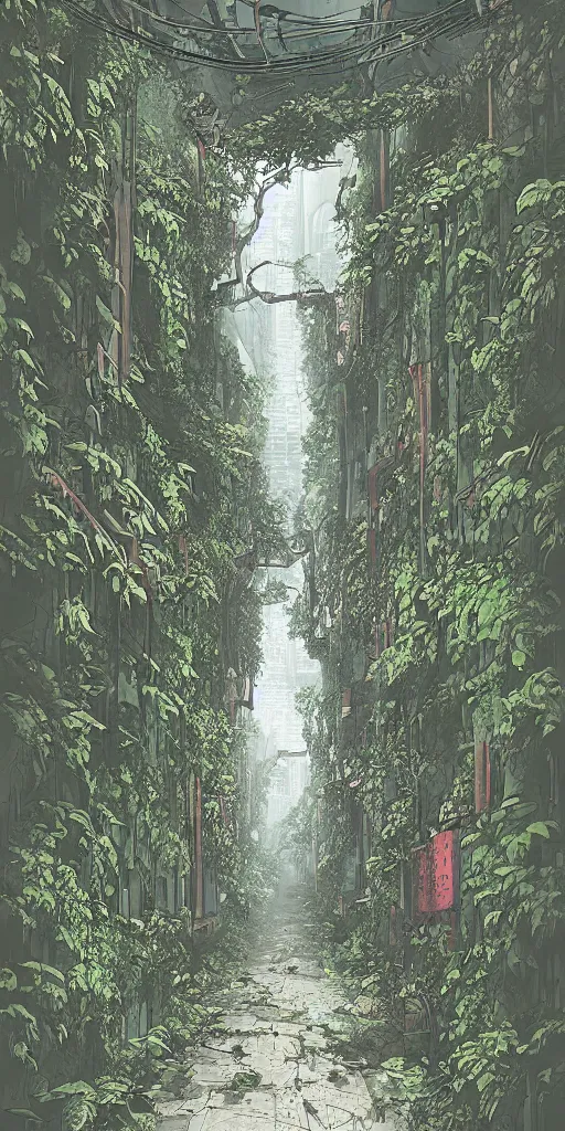 Prompt: abandoned overgrown old alley in hong kong, epic vines, illustration by niko delort,