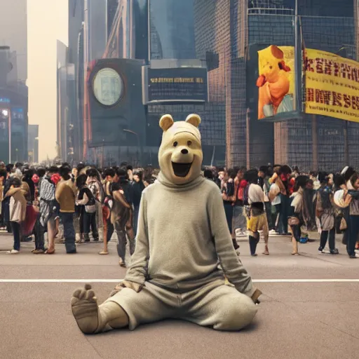 Prompt: screaming winnie the pooh protester sitting in front of 5 9 式 at tiananman square, dystopian, highly detailed, photorealistic, octane render, 8 k, unreal engine. art by artgerm and greg rutkowski and alphonse mucha