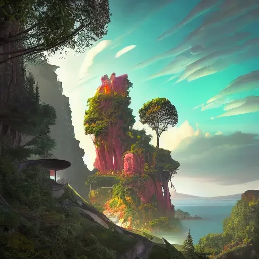Image similar to futuristic temple on a cliff, big green trees, colorful clouds, dramatic lighting, artstation, matte painting, raphael lacoste, simon stalenhag, frank lloyd wright