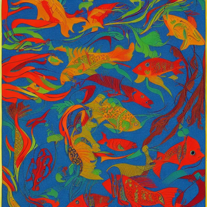 Image similar to different exotic fish. intricate textile carpet by olexandr archipenko