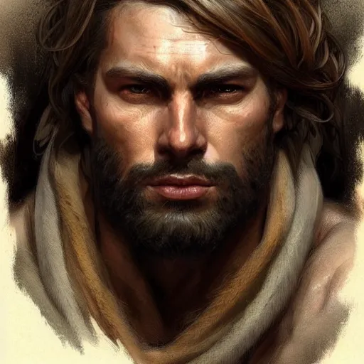 Image similar to portrait of rugged male ranger d & d muscular fantasy intricate elegant headshot portrait detailed face coherent face highly detailed digital painting artstation concept art smooth sharp focus illustration art by artgerm and greg rutkowski and alphonse mucha