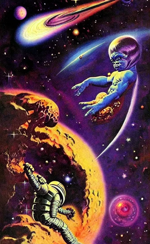 Prompt: trippy psychedelic cosmic eyes in outer space illustration by frank frazetta