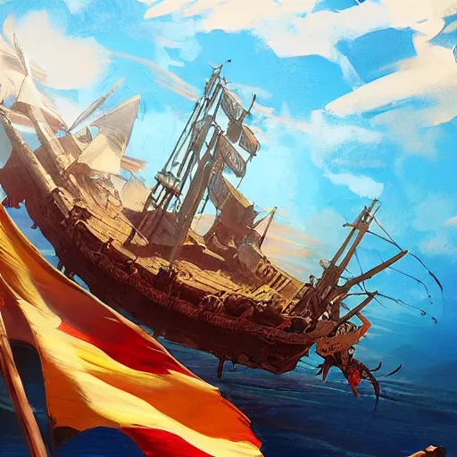 Image similar to a large pirate ship floating on top of a body of water, pirates flag , cgsociety, fantasy art, 2d game art, official art, concept art , behance hd , concept art by Jesper Ejsing, by RHADS, Makoto Shinkaic