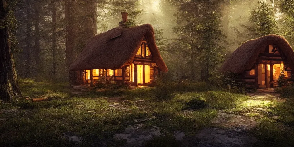 Prompt: a cottage in the woods, fantasy, hyper realistic, dramatic lighting, 8k