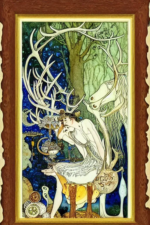 Image similar to a frothy wooden tankard of ale in the center of a frame made of antlers and coins, art by kay nielsen and walter crane, illustration style, watercolor