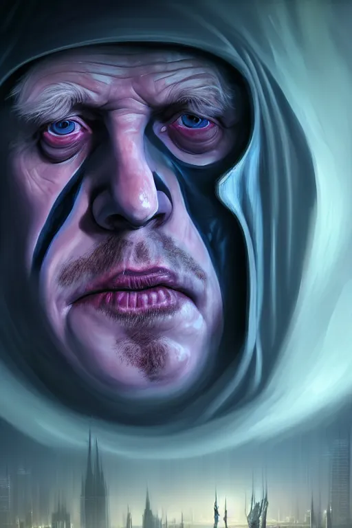 Image similar to Beautiful closeup portrait 3d render of the Boris Johnson as grim reaper, face portrait, atmospheric lighting, painted, intricate, volumetric lighting, beautiful, rich deep colors masterpiece, sharp focus, ultra detailed, in the style of Dan Mumford and marc simonetti, with a crowded futuristic cyberpunk city in the background, astrophotography