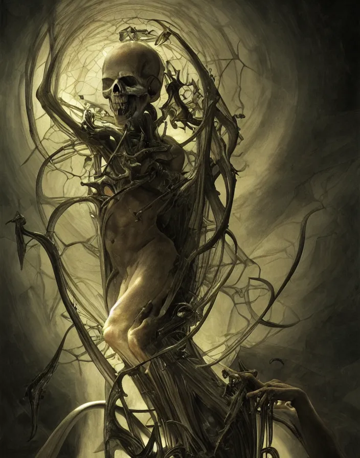 Image similar to death himself, physically accurate, moody dynamic lighting, very very intricate, very very elegant, highly detailed, digital painting, artstation, HR GIGER, Hieronymus Bosch, Francis Bacon, concept art, smooth, very beautiful, sharp focus, illustration, art by artgerm and greg rutkowski and alphonse mucha