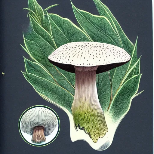 Prompt: botanical illustration of an alien mushroom. naturalist color illustration, textbook drawing, drawn on vellum, detailed illustration, nobel prize