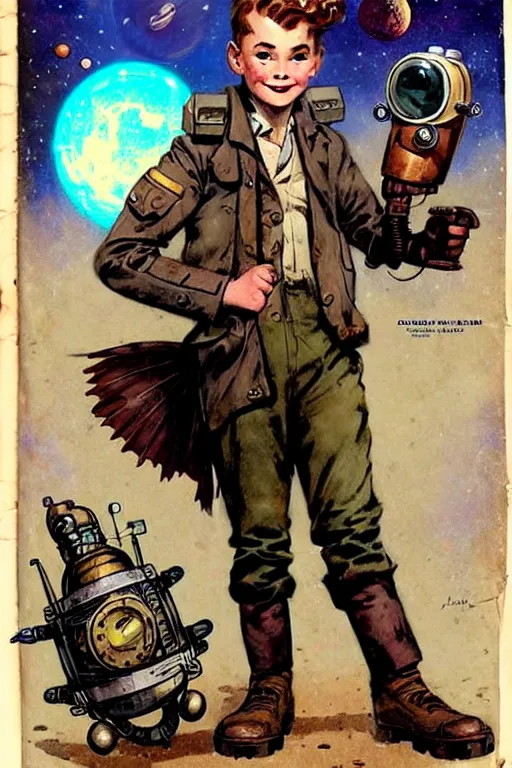 Prompt: ( ( ( ( ( 1 9 5 0 s pulp science fiction magazine cover art steampunk space inventer adventure boy explorer costume. muted colors. ) ) ) ) ) by jean - baptiste monge!!!!!!!!!!!!!!!!!!!!!!!!!!!!!!