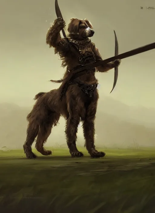 Prompt: A humanoid dog in heavy armor, brown and white fur, holding a green Scythe . In style of Hyung-tae Kim, Greg Rutkowski and Larry Elmore, concept art, trending on ArtStation, Korean MMORPG, over-detailed art, 8K, epic, dynamic lightning, scenery.