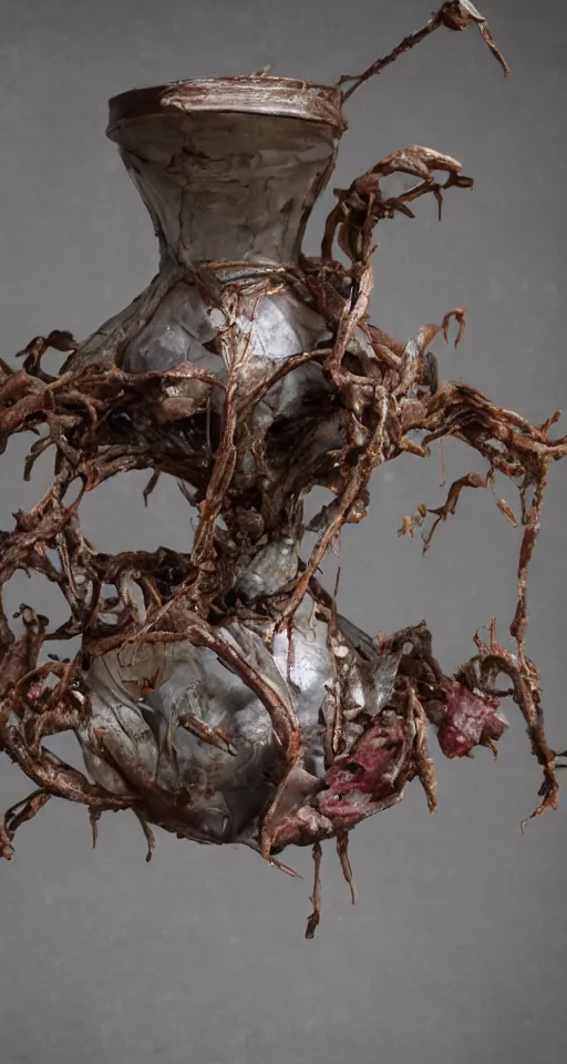 Image similar to Human flesh, bones, rotten meat and rusted metal arranged inside a flower vase