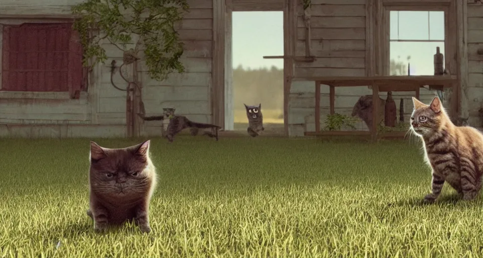 Prompt: film still of a movie about a robot cat that terrorizes a farm house directed by Denis Villeneuve