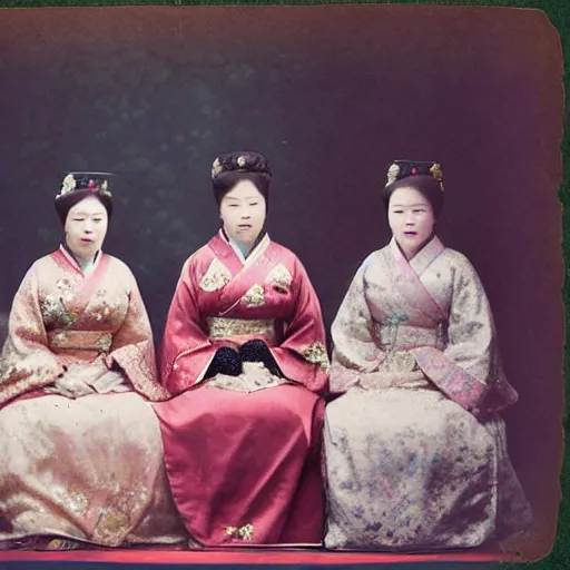 Prompt: a wide full shot, colored russian and japanese mix historical fantasy of a photograph taken of the royal bridesmaids, photographic portrait, warm lighting, 1 9 0 7 photo from the official wedding photographer for the royal wedding.