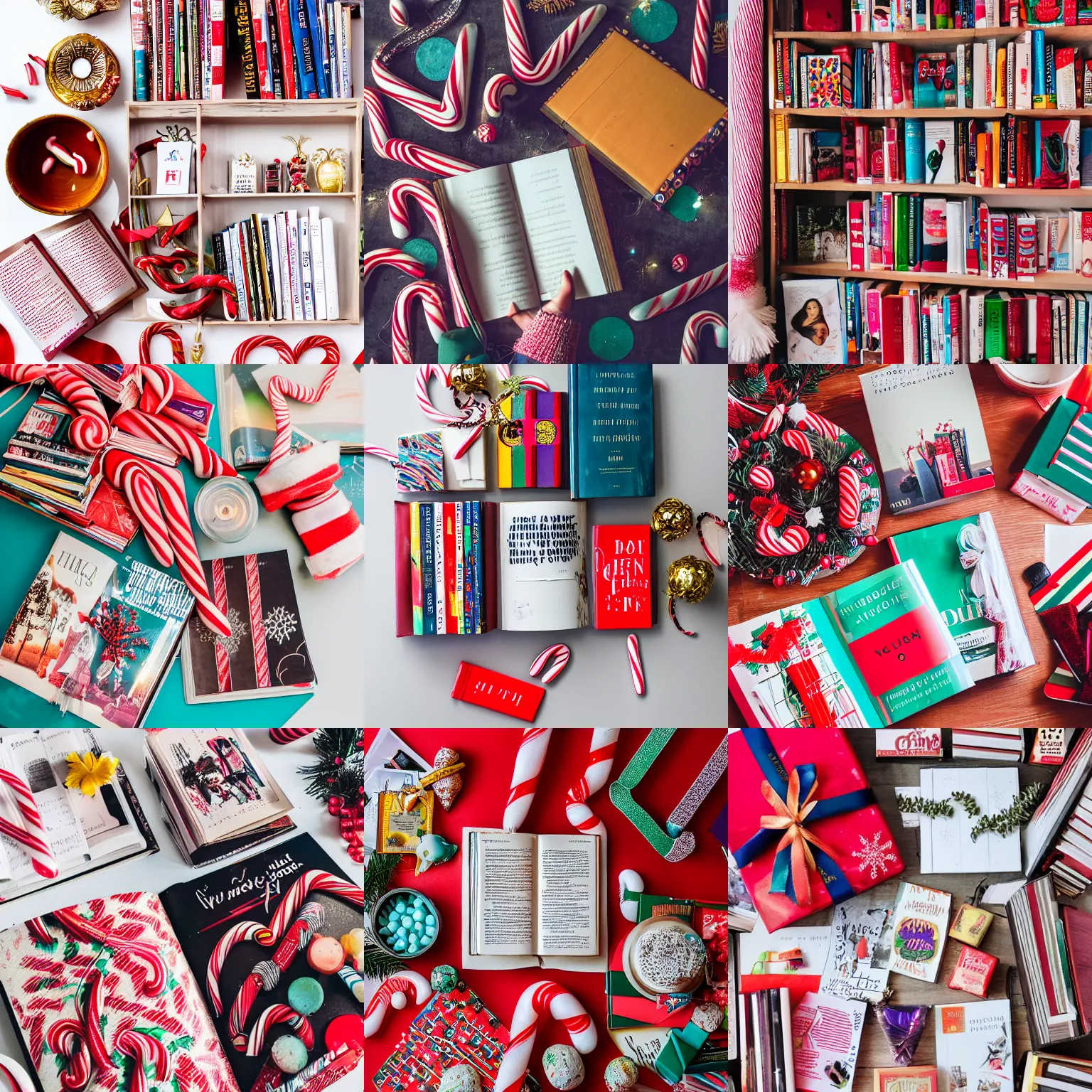 Prompt: flatlay book collection, vivid colors, dramatic lighting, candy canes