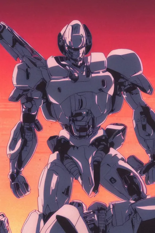 Image similar to boomer from bubblegum crisis at dusk, a color illustration by by tsutomu nihei and tetsuo hara