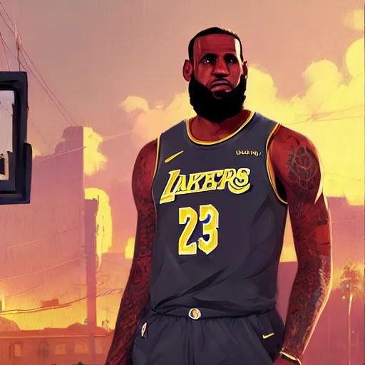 Image similar to highly detailed portrait lebron james basketball player in gta v, stephen bliss, unreal engine, fantasy art by greg rutkowski, loish, rhads, ferdinand knab, makoto shinkai and lois van baarle, ilya kuvshinov, rossdraws, tom bagshaw, global illumination, radiant light, detailed and intricate environment