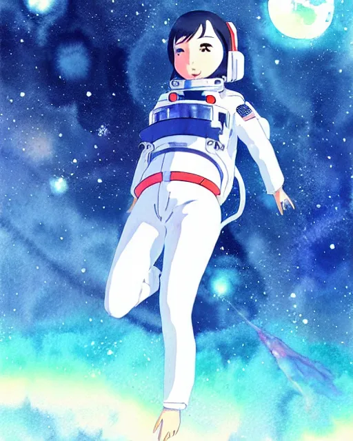 Image similar to oriental water color of a thicc female astronaut, floating through space, backlit, by makoto shinkai