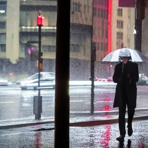 Image similar to keanu reeves walking in the rain on a reflective city street near a red flashing street light, highly detailed face and reflections misty dark close up photograph