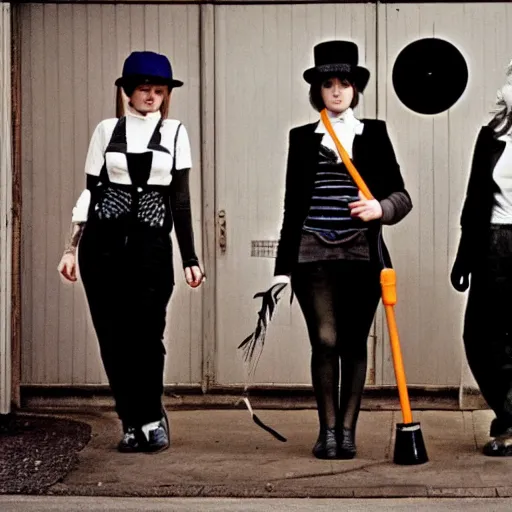 Image similar to hooligan punk woman, female droog, a clockwork orange, woman wearing bowler hat, 1 9 7 1, 1 9 7 1 dystopian england