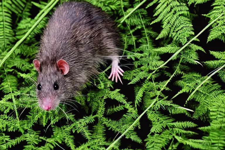 Prompt: mutant monster rat eats! an internet cable!! in the ferns, grass and rocks, highly detailed photo, intricate details, volumetric lighting, close up