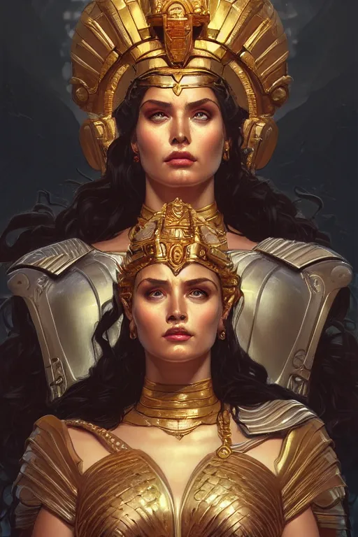 Prompt: The Godess Hera looking angry, detailed armor, portrait, highly detailed, digital painting, artstation, concept art, smooth, sharp focus, beautiful face, symmetric face, cinematic, videogame cover art, illustration, pixel art by Artgerm and Greg Rutkowski and Alphonse Mucha