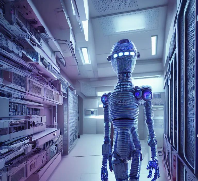 Image similar to hyperrealism colour stock photography of highly detailed stylish robot in sci - fi style by gragory crewdson and katsuhiro otomo, mike winkelmann with many details by josan gonzalez working at the highly detailed data center by mike winkelmann and laurie greasley hyperrealism stock photo on dsmc 3 system rendered in blender and octane render