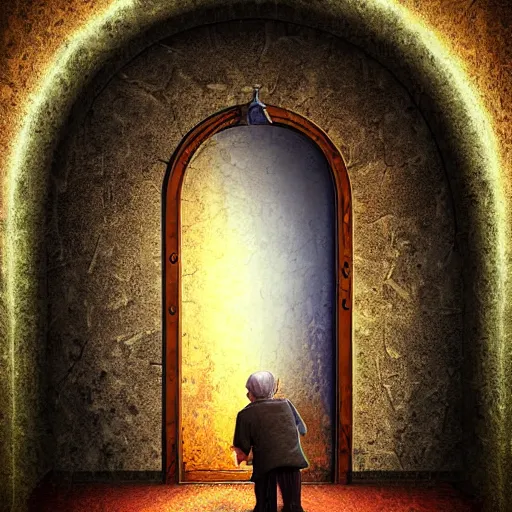 Prompt: old man going through an old magical door, digital art, 4 k, fantasy