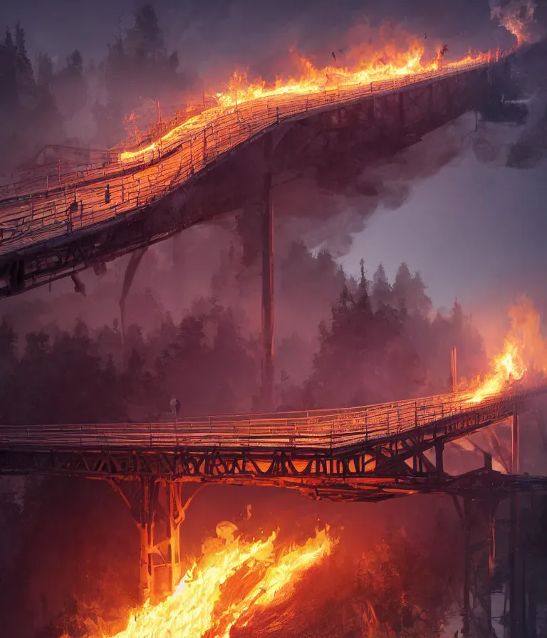 Image similar to a beautiful hyperrealistic detailed 3D render of a burning bridge, by Anton Otto Fischer, Atey Ghailan, genzoman, unreal engine, octane render, gigantic, 3D, brilliantly coloured, intricate, ultra wide angle, trending on artstation, embers, smoke, dust, dusk, volumetric lighting, HDR, polished, micro details, ray tracing, 8k