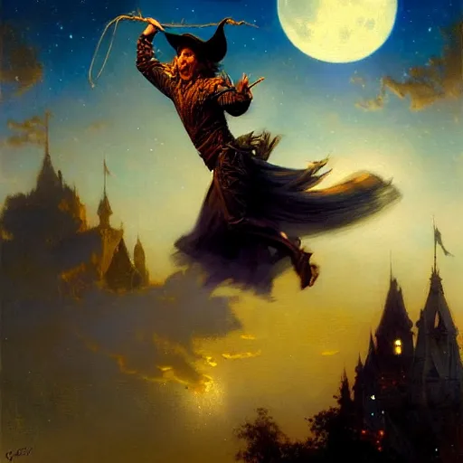 Image similar to attractive male witch magically flying trough the night, fantasy, full moon in background. highly detailed painting by gaston bussiere, craig mullins, j. c. leyendecker 8 k