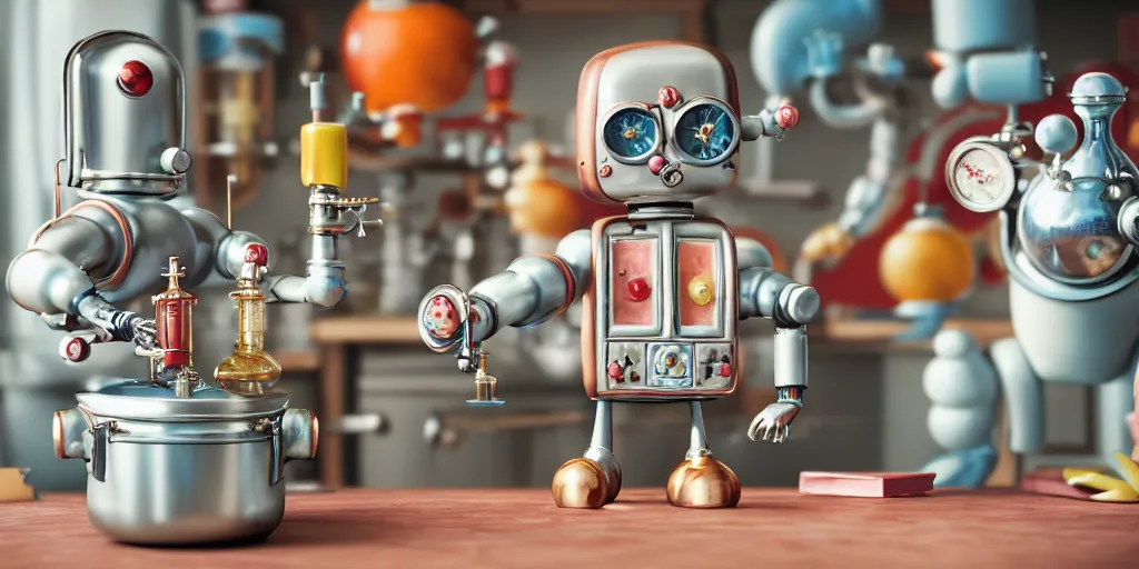 Image similar to closeup portrait of tin toy retro chemist robot cooking pastry cake in a kitchen, depth of field, zeiss lens, detailed, centered, fashion photoshoot, by nicoletta ceccoli, mark ryden, lostfish, breathtaking, 8 k resolution, extremely detailed, beautiful, establishing shot, artistic, hyperrealistic, octane render