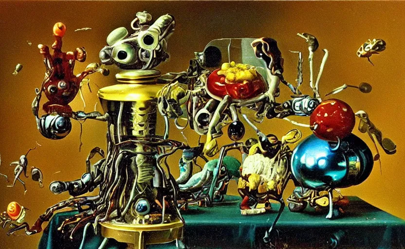 Prompt: strange fragile robot body, disturbing colorful oil painting dutch golden age vanitas still life sparse composition with bizarre objects strange gooey transparent surfaces shiny metal reflections bizarre mutant meat insects rachel ruysch dali todd schorr very detailed perfect composition rule of thirds masterpiece canon 5 0 mm, cinematic lighting, photography, retro, film, kodachrome