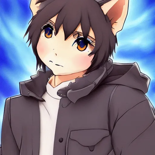 Image similar to key anime visual portrait of an anthropomorphic anthro wolf fursona, in a jacket, with handsome eyes, official modern anime art