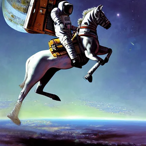 Image similar to a anthropomorphic horse - astronaut riding a human, hyperrealism, no blur, 4 k resolution, ultra detailed, style of ron cobb, adolf hiremy - hirschl, syd mead, ismail inceoglu, rene margitte