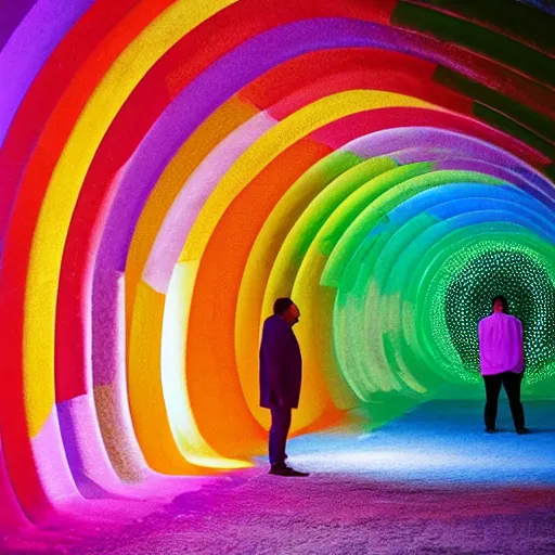 Prompt: a man standing in a tunnel with a colorful background, an abstract sculpture by huang ding, featured on dribble, interactive art, made of insects, biomorphic, irridescent