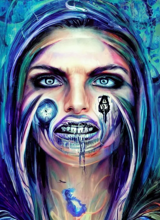 Image similar to gorgeous magic cult psychic woman smiling, third eye, energetic consciousness psychedelic, epic surrealism expressionism symbolism, story telling, iconic, dark robed, oil painting, symmetrical face, dark myth mythos, by Sandra Chevrier , H R Giger, masterpiece cinematic composition, dramatic pose, beautiful lighting, sharp, details, hyper-detailed