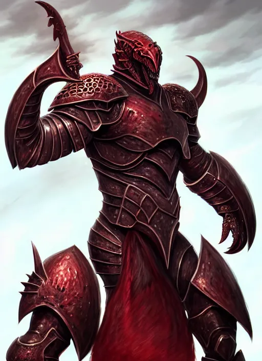 Prompt: heavy armor!!! muscular and tall crimson dnd male dragonborn!! draconian!! character concept art, sharp focus, octane render! unreal engine 5! highly rendered!! trending on artstation!! detailed linework!! illustration by artgerm, wlop, and chie yoshii