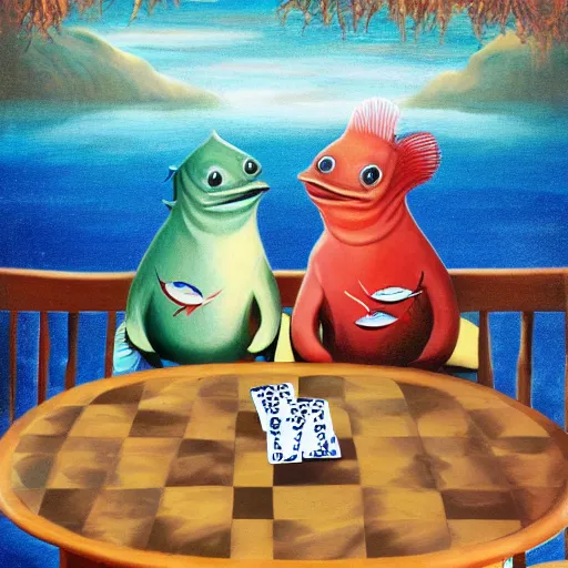 Image similar to two fishes sitting at a table playing cards at the bottom of the sea, the table has a checkered table cloth, lowbrow surrealistic, in the style of mark ryden,